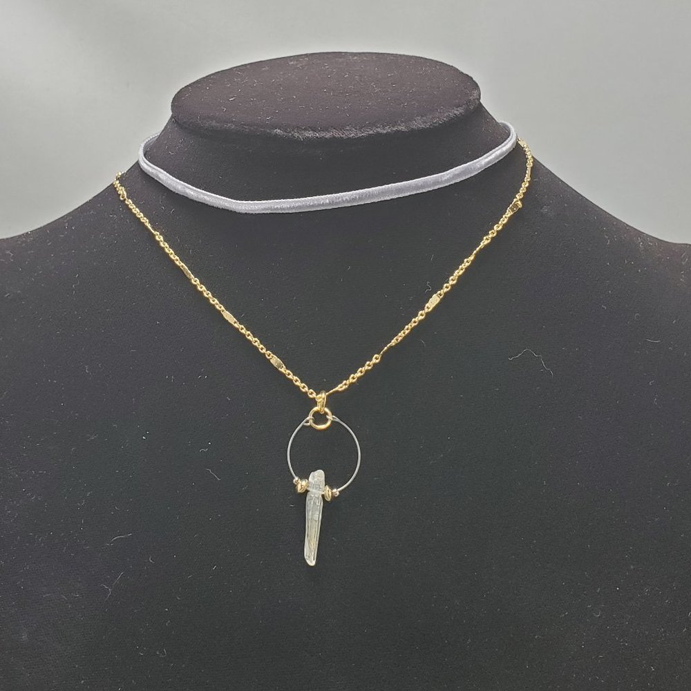 Charming Charlie 2 necklace set - clear quartz gold chain & gray velvet neck